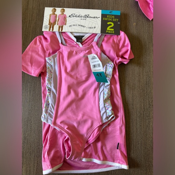 Eddie Bauer Kids One-Piece Pink/White/Floral Swimsuit Plus Cover Up Nwt - Picture 5 of 7